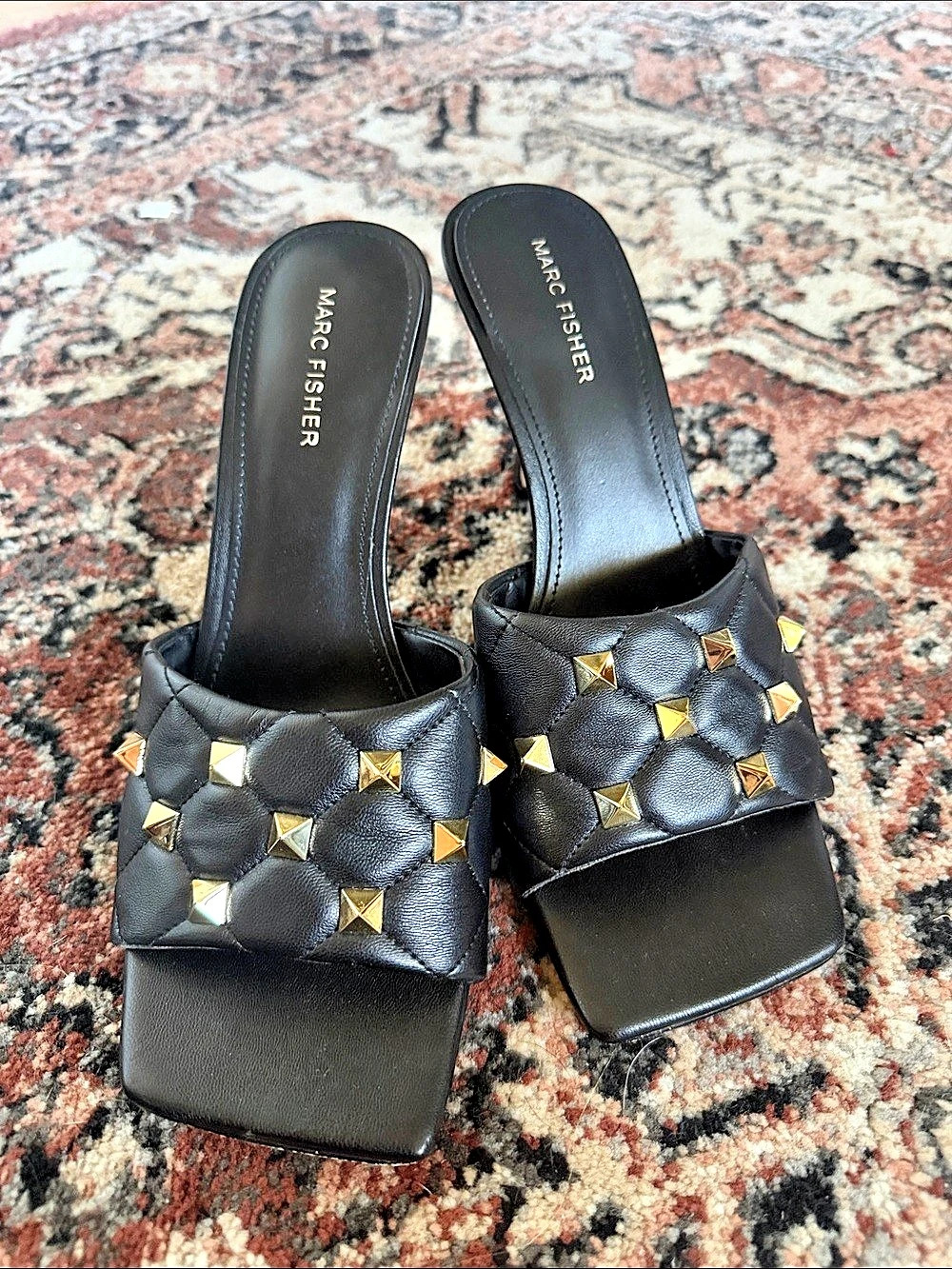 MARC FISHER Dacorin Quilted Studded Slide Heel Sandal Black Heels